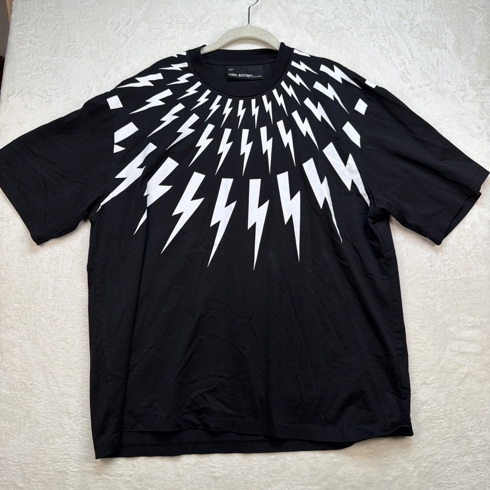 Neil Barrett Fair Isle Lightning Bolt T Shirt Black White Graphic Tee Mens XL‎